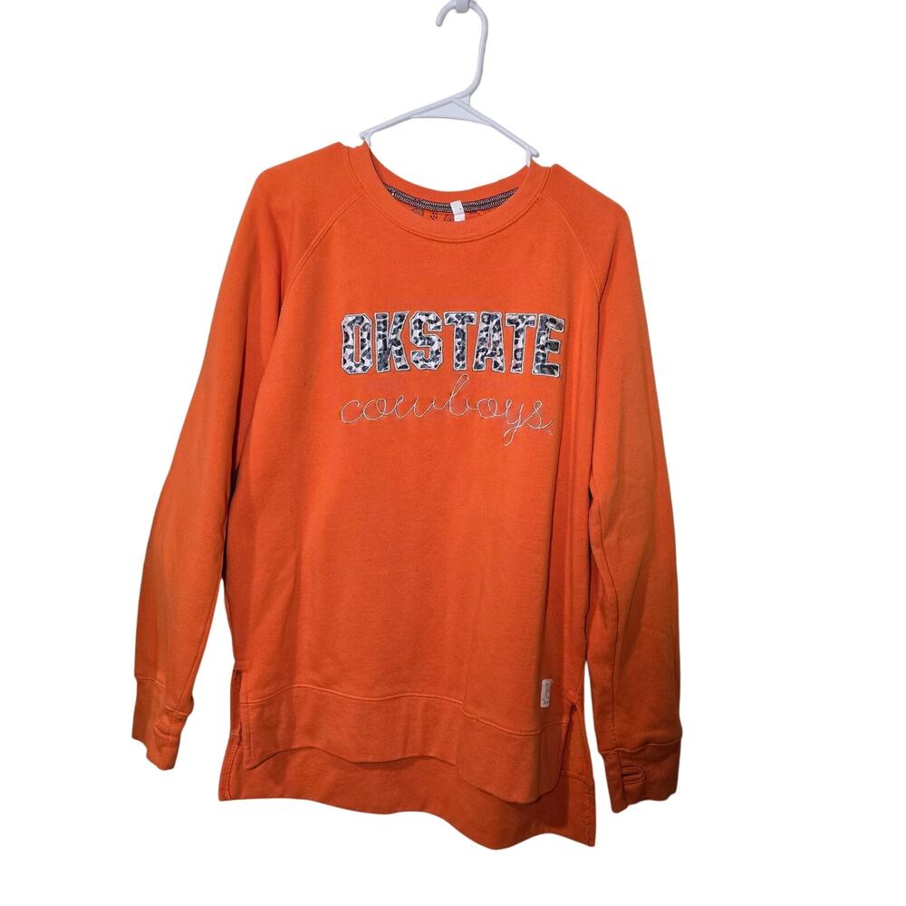 Oklahoma State Cowboys Orange Crewneck Sweatshirt Leopard Logo Thumb Holes L